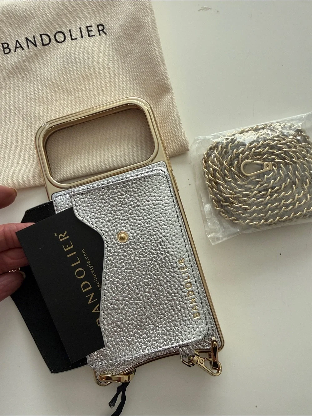 Bandolier Silver Leather Crossbody Phone Wallet with Gold Chain Accent